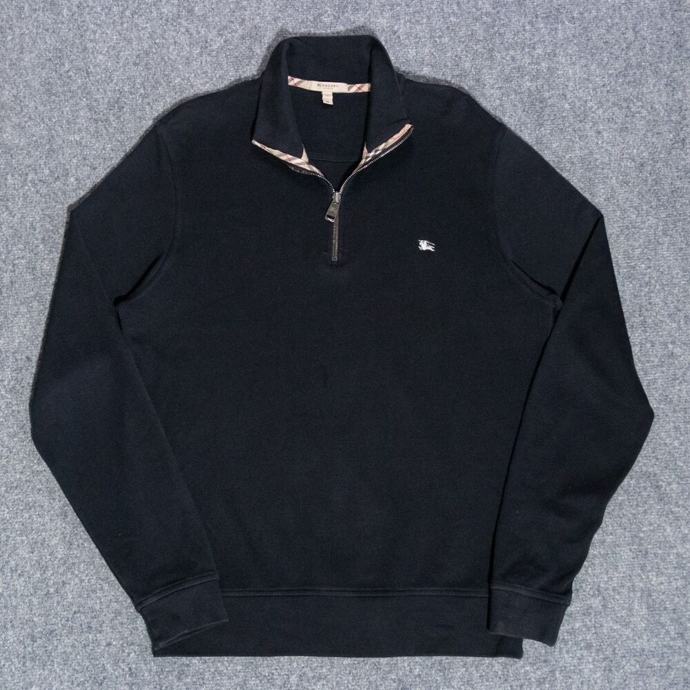 Burberry 1/4 Zip Pullover Mock Neck Sweater Men's Medium Black Cotton Preppy